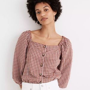 Gingham Seersucker Puff-Sleeve Button-Front Top
